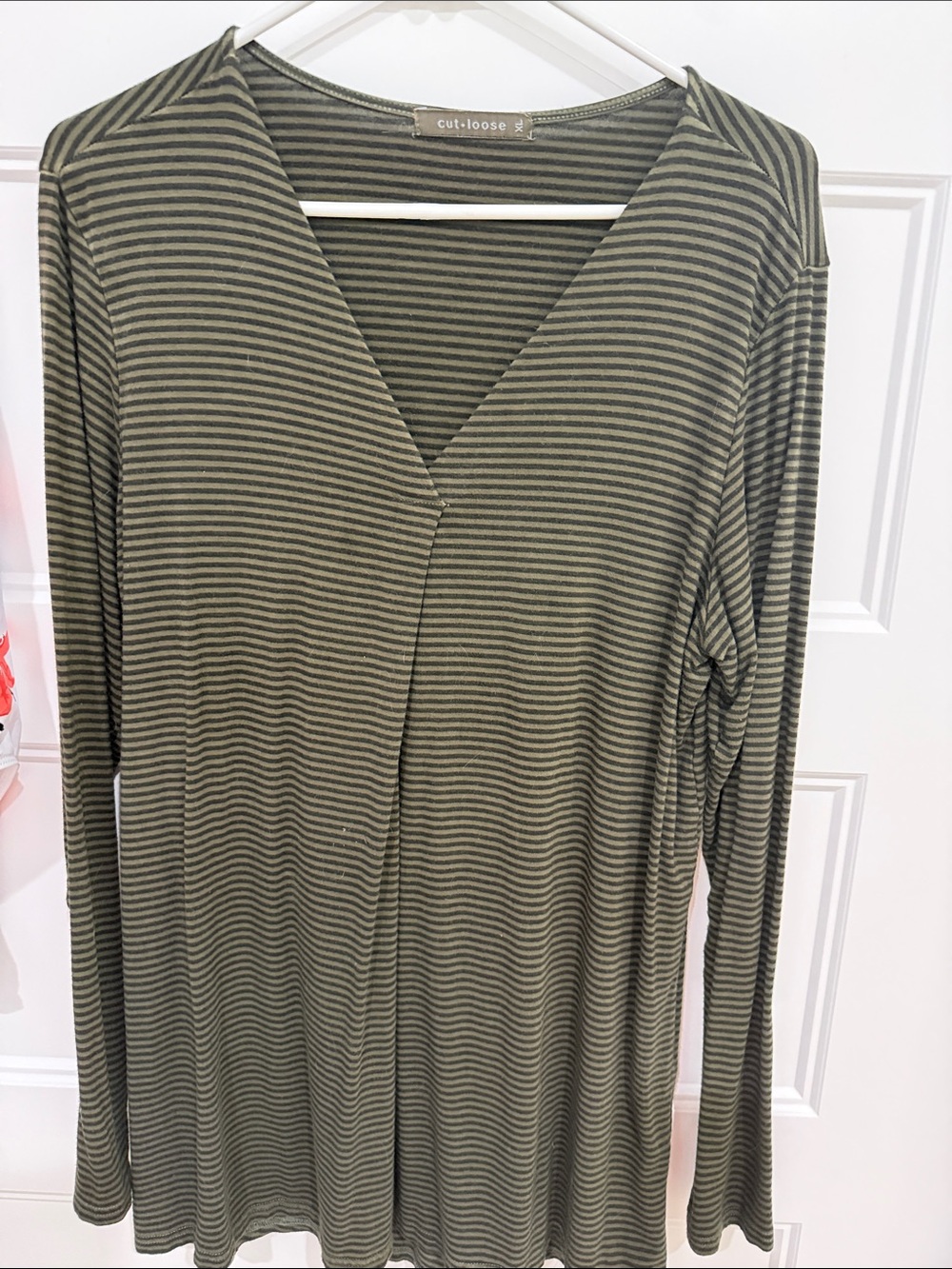 cut loose Olive and Black Striped V-Neck Long Sleeve Top - Relaxed Fit